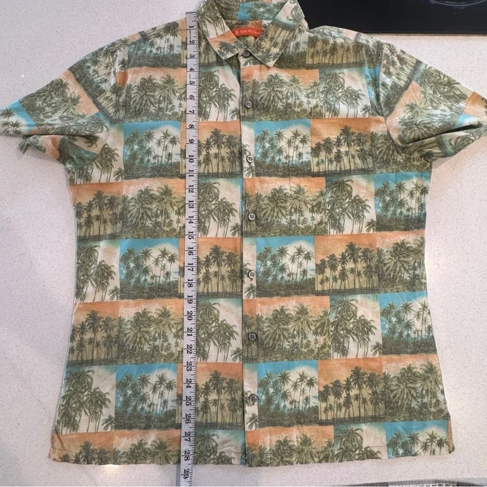 Tori Richard Hawaiian Shirt Tropical Palm Trees Print Size Large Tan Cotton Lawn